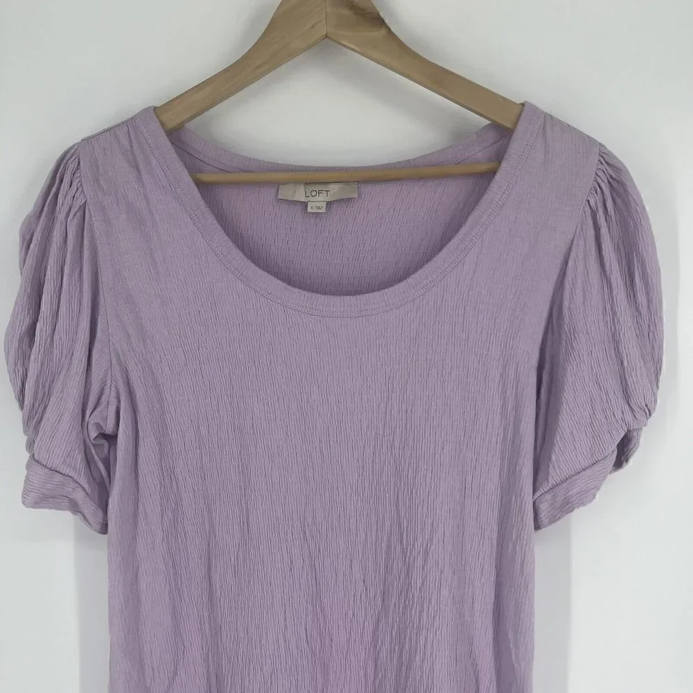 LOFT Top Size Small Womens Purple Crinkle Twist Puff Sleeve Blouse Stretch Knit